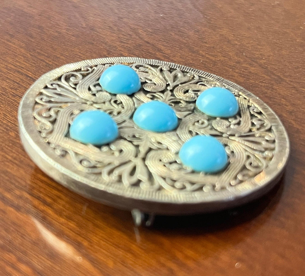 Vintage Turquoise Blue Cabochon Filigree Brooch Silver Tone Round Statement Pin Retro Costume Jewellery