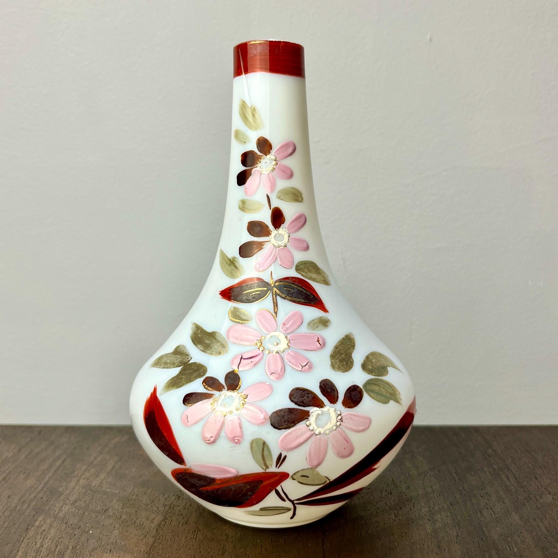 Victorian Hand Painted Floral Milk Glass Bud Vase – Opaque Cottagecore Decor