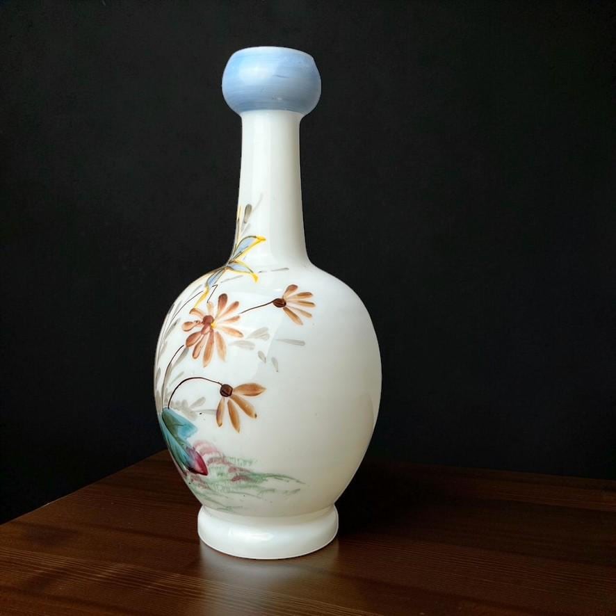 Victorian Hand Painted Milk Glass Bottle Vase – Floral Decoration
