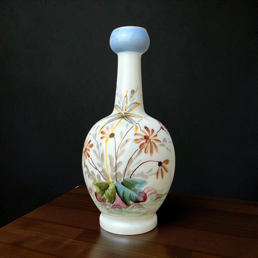 Victorian Hand Painted Milk Glass Bottle Vase – Floral Decoration