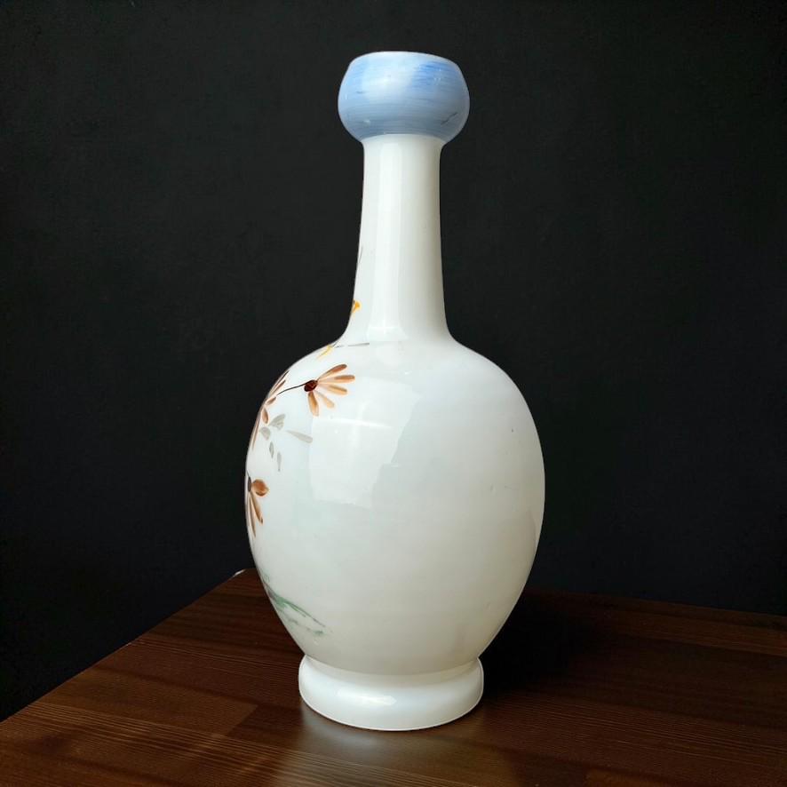 Victorian Hand Painted Milk Glass Bottle Vase – Floral Decoration
