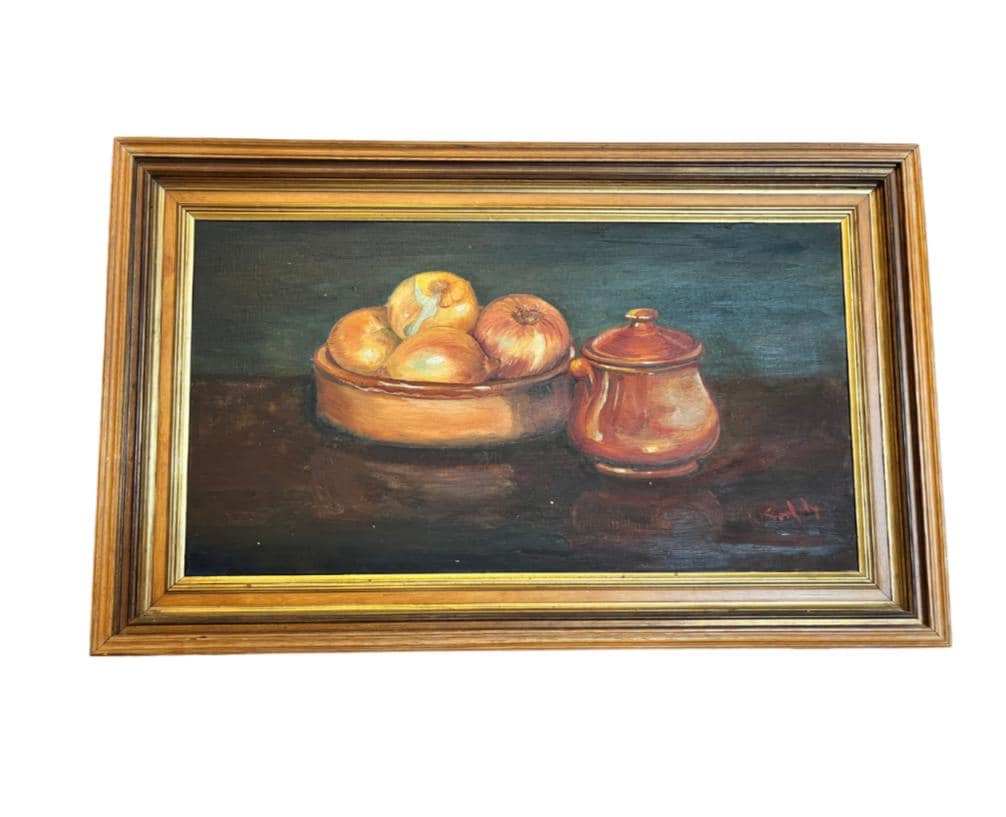 Vintage Oil Painting Still Life Onions Copper Pot Signed W Serfaty Framed 58cm