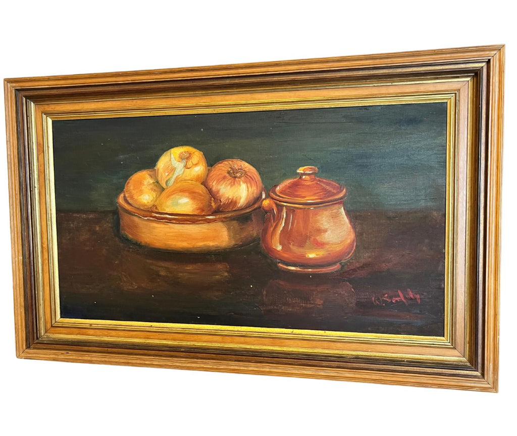 Vintage Oil Painting Still Life Onions Copper Pot Signed W Serfaty Framed 58cm