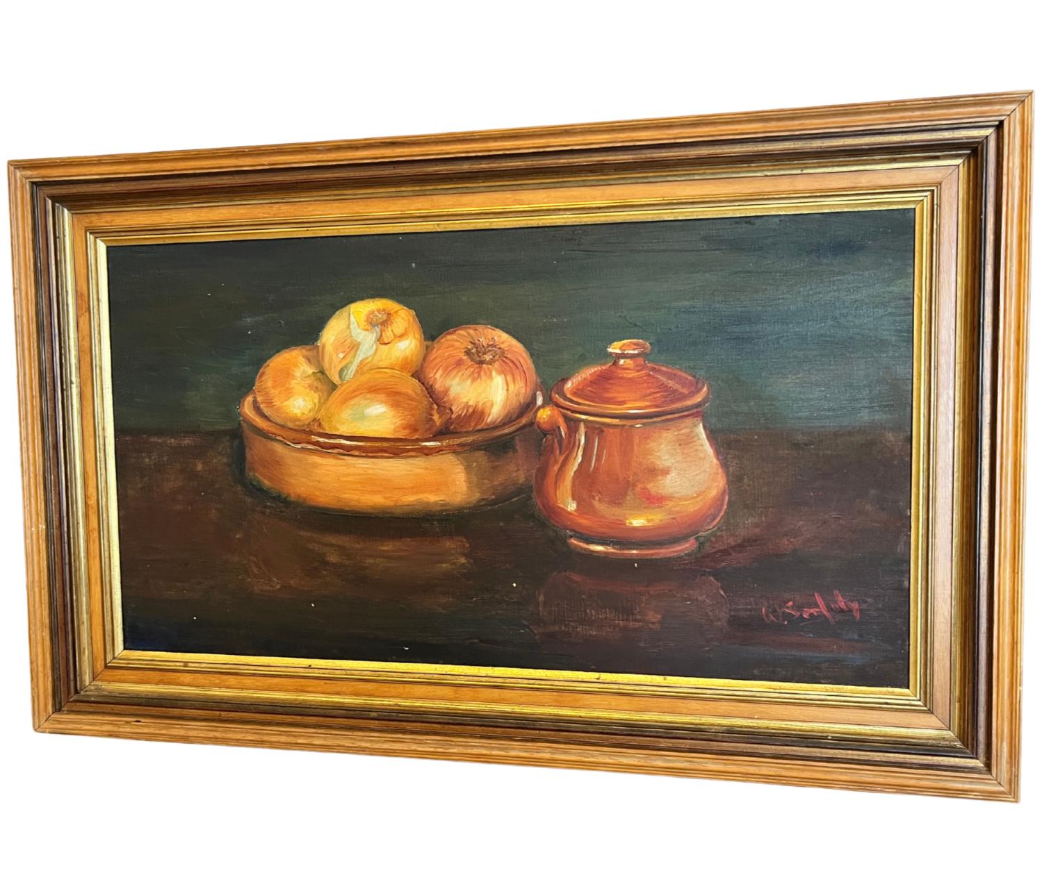 Vintage Oil Painting Still Life Onions Copper Pot Signed W Serfaty Framed 58cm