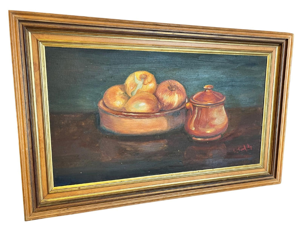 Vintage Oil Painting Still Life Onions Copper Pot Signed W Serfaty Framed 58cm