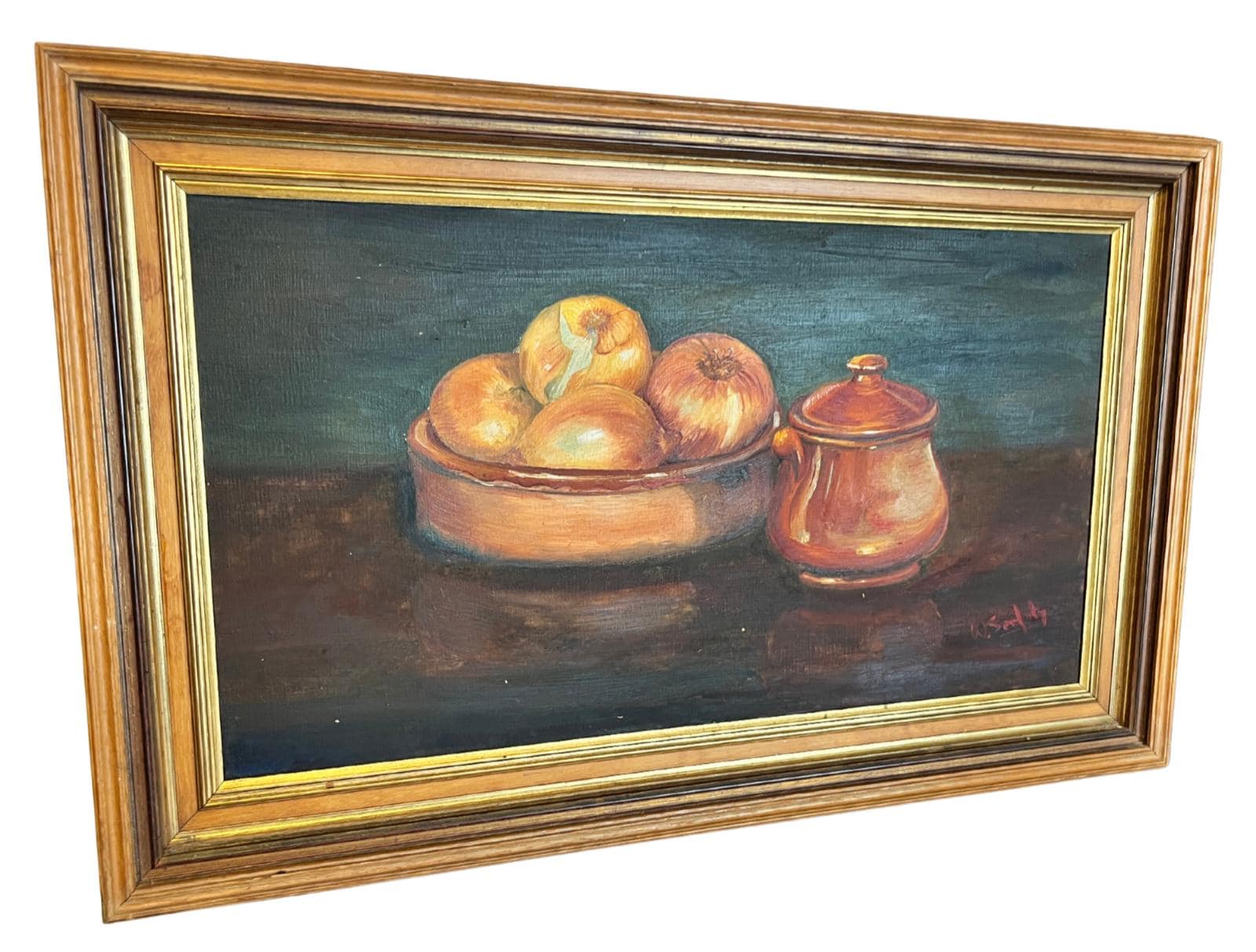 Vintage Oil Painting Still Life Onions Copper Pot Signed W Serfaty Framed 58cm