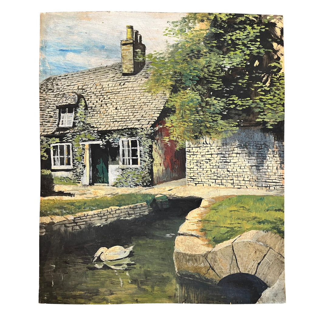 Large Vintage Oil Painting Country Cottage & Swan Landscape on Board Rural Scene