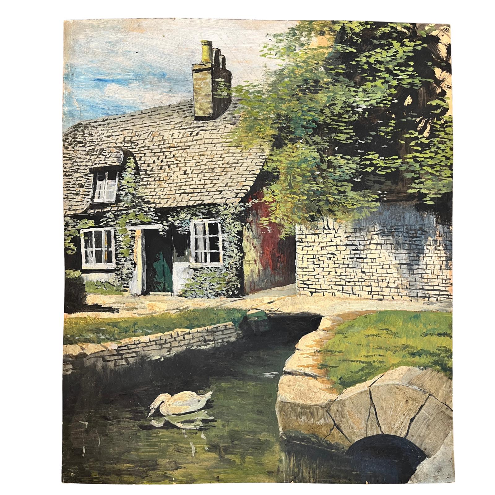 Large Vintage Oil Painting Country Cottage & Swan Landscape on Board Rural Scene