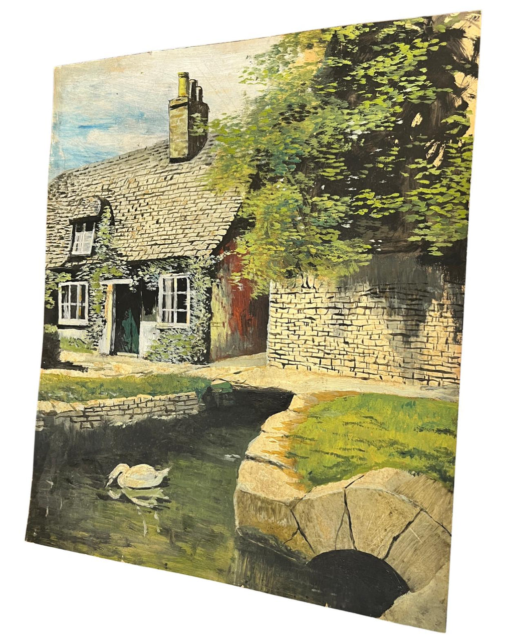 Large Vintage Oil Painting Country Cottage & Swan Landscape on Board Rural Scene