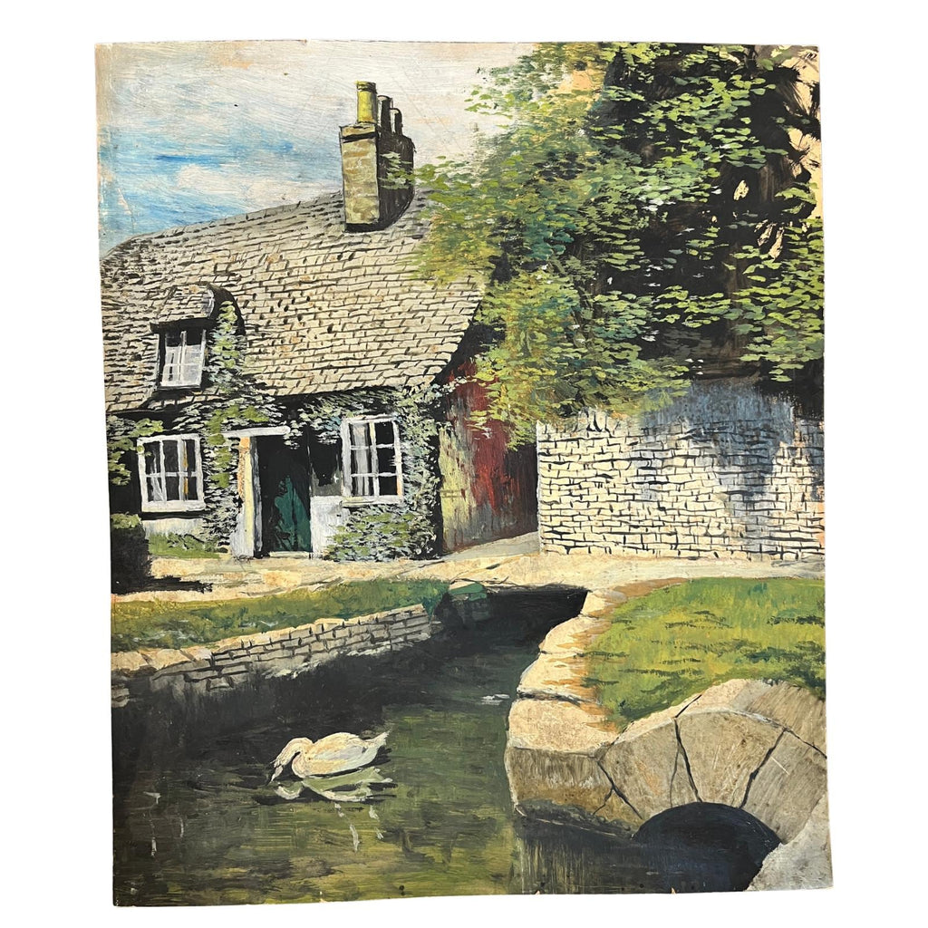 Large Vintage Oil Painting Country Cottage & Swan Landscape on Board Rural Scene