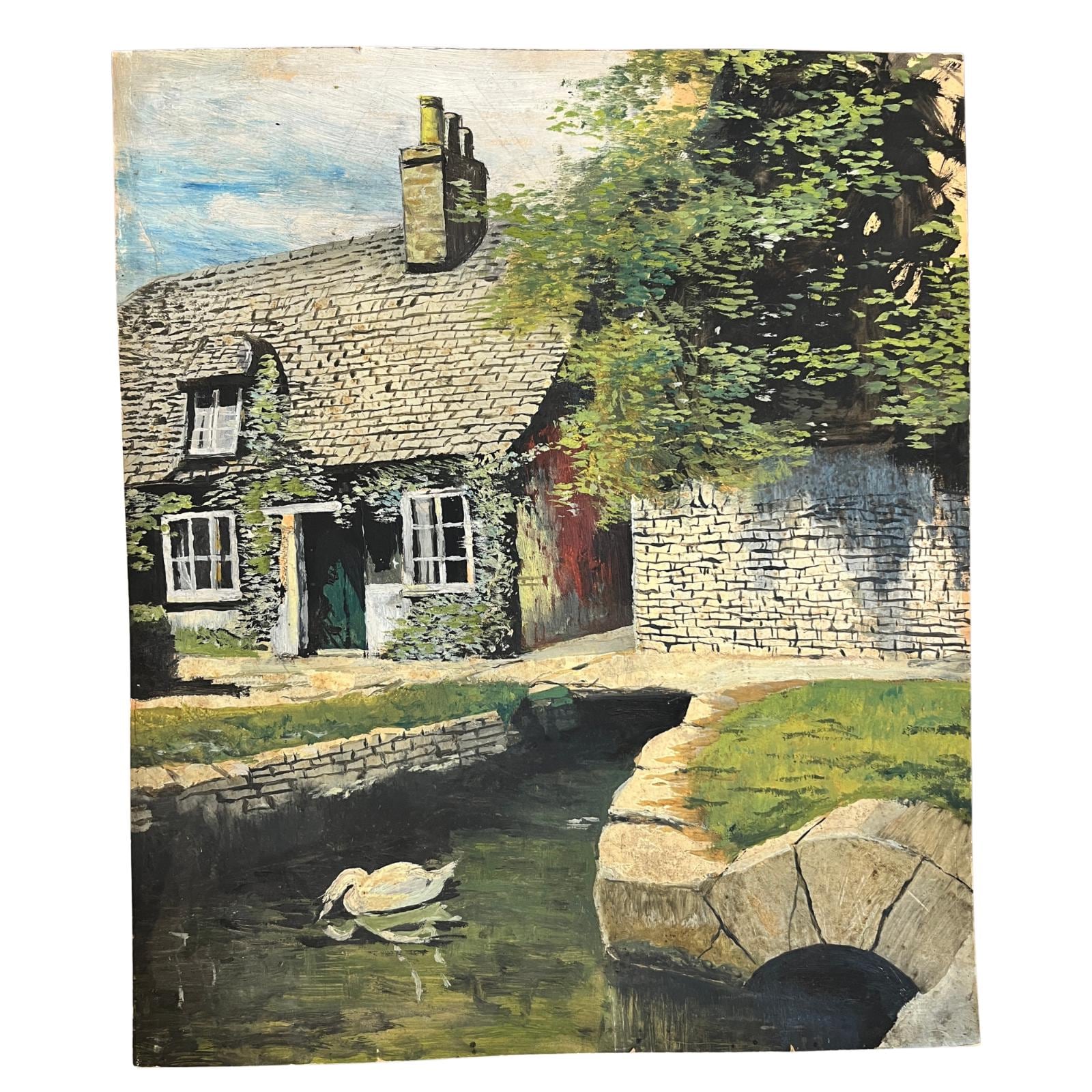 Large Vintage Oil Painting Country Cottage & Swan Landscape on Board Rural Scene