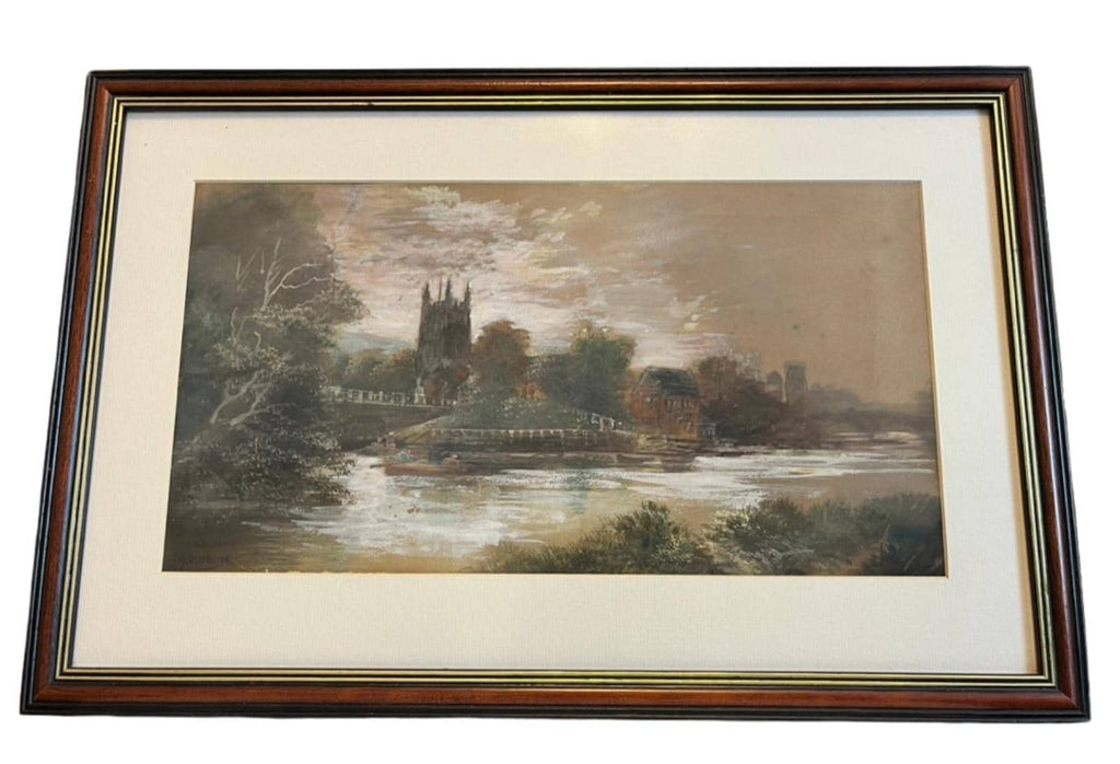 Signed Davidson Framed River Landscape Painting Church Waterside Scene Vintage
