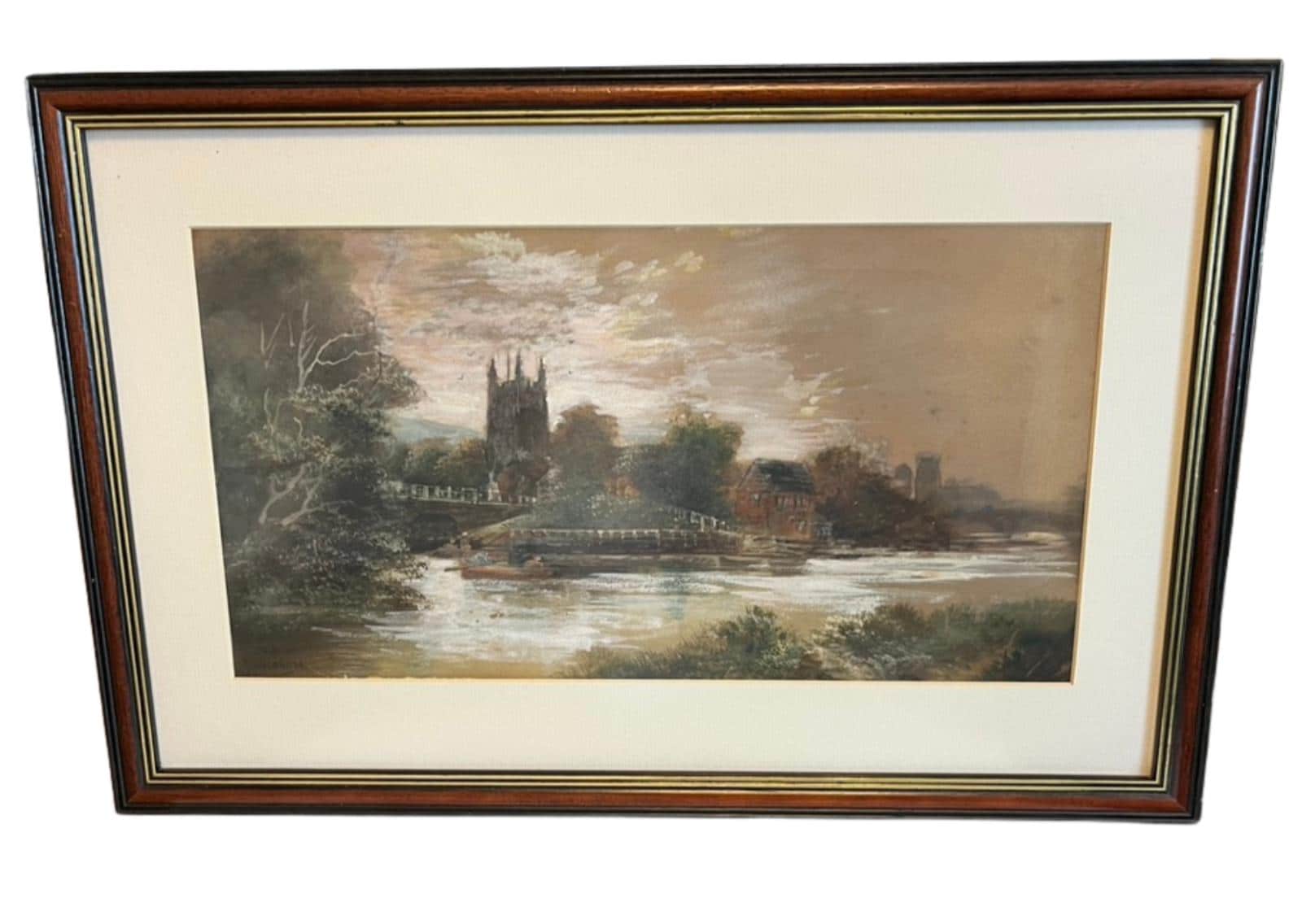 Signed Davidson Framed River Landscape Painting Church Waterside Scene Vintage
