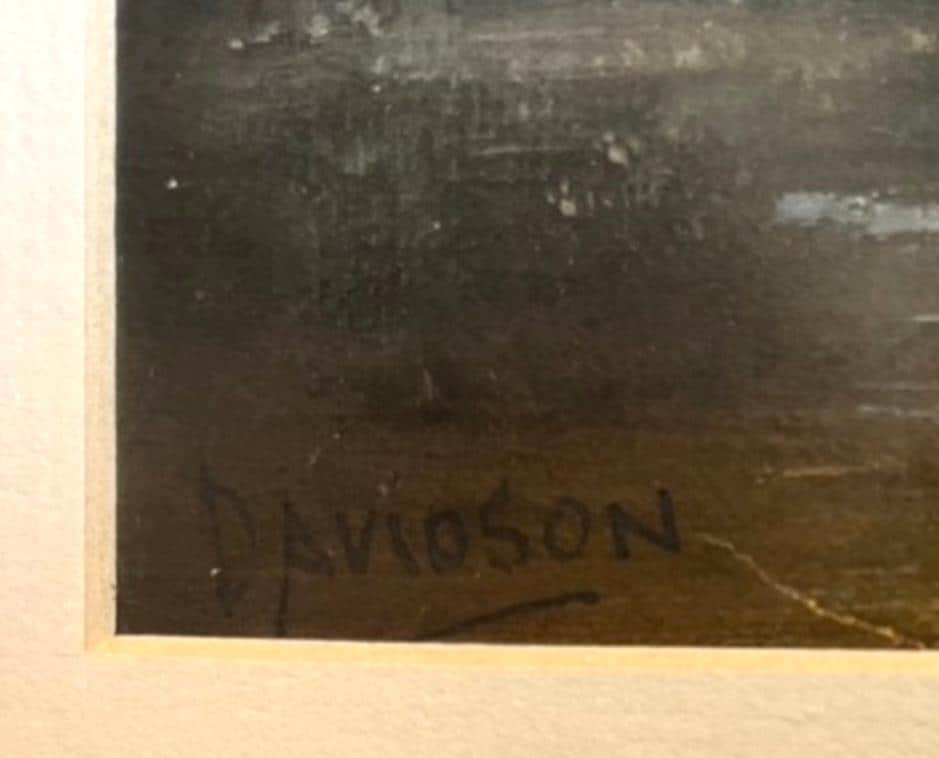 Signed Davidson Framed River Landscape Painting Church Waterside Scene Vintage