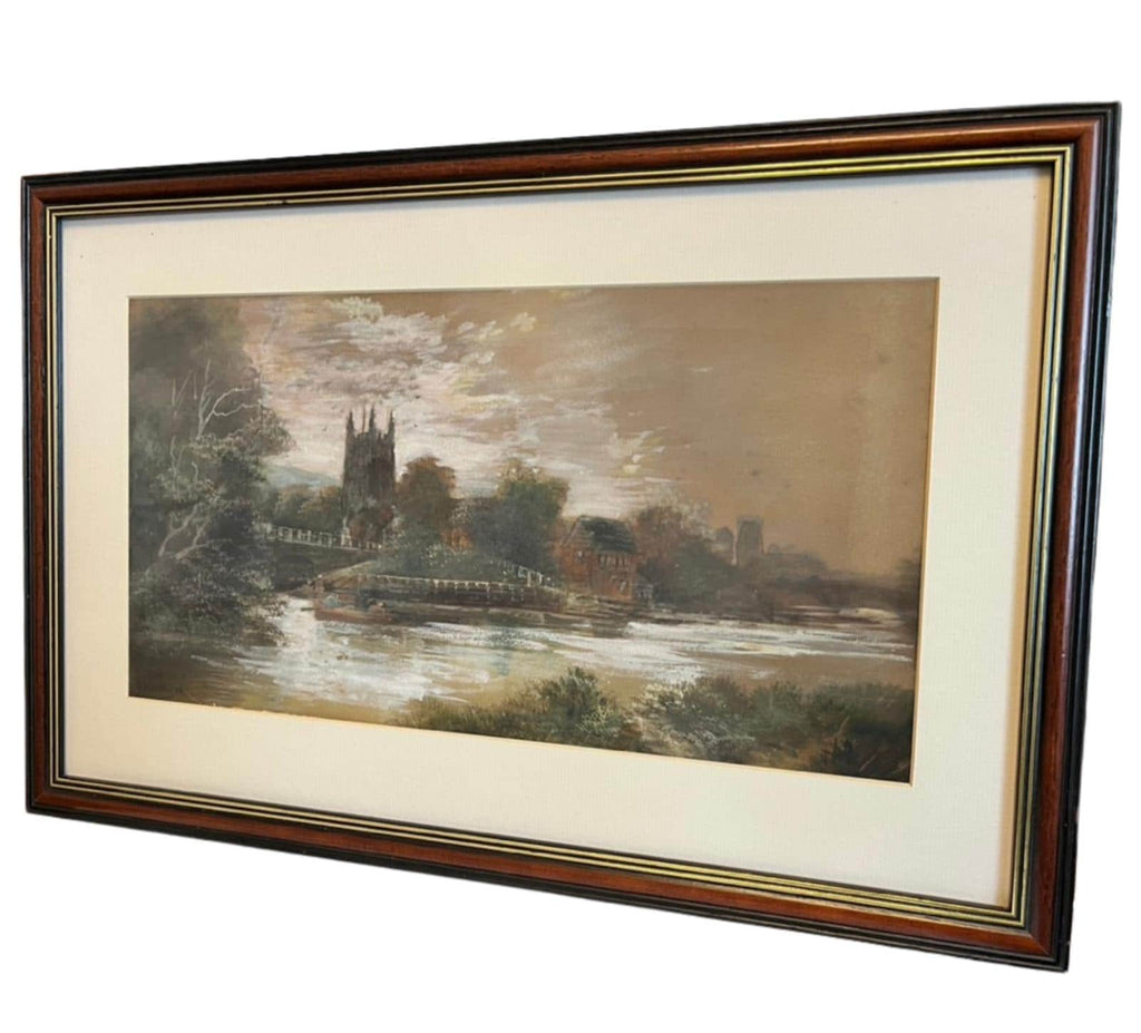 Signed Davidson Framed River Landscape Painting Church Waterside Scene Vintage
