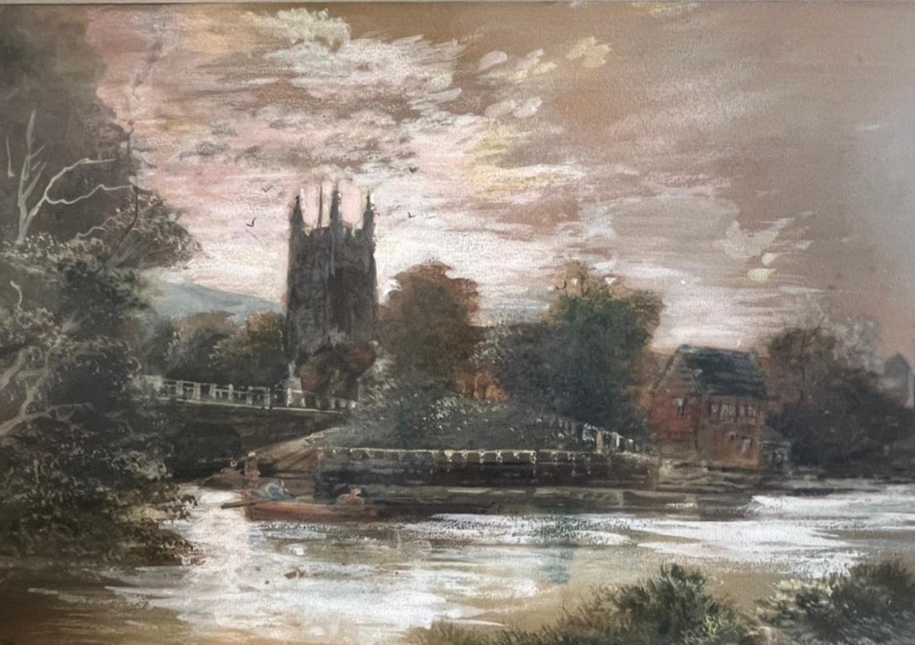 Signed Davidson Framed River Landscape Painting Church Waterside Scene Vintage