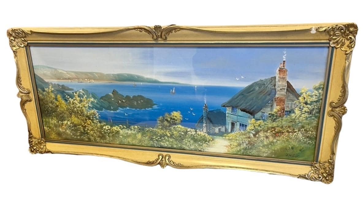 A M Scott Devonshire Coastal Oil Painting Framed Seascape Cottage Landscape 85cm