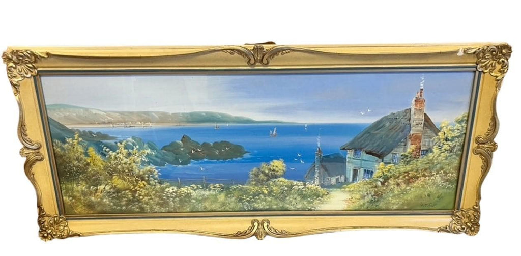 A M Scott Devonshire Coastal Oil Painting Framed Seascape Cottage Landscape 85cm