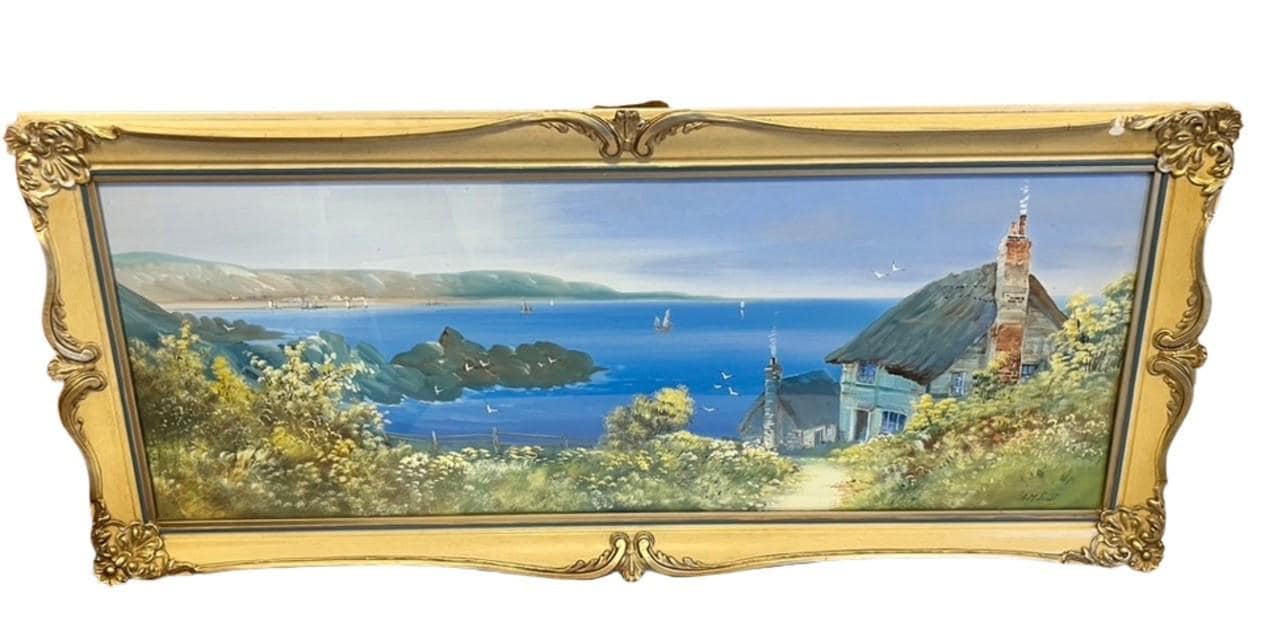 A M Scott Devonshire Coastal Oil Painting Framed Seascape Cottage Landscape 85cm