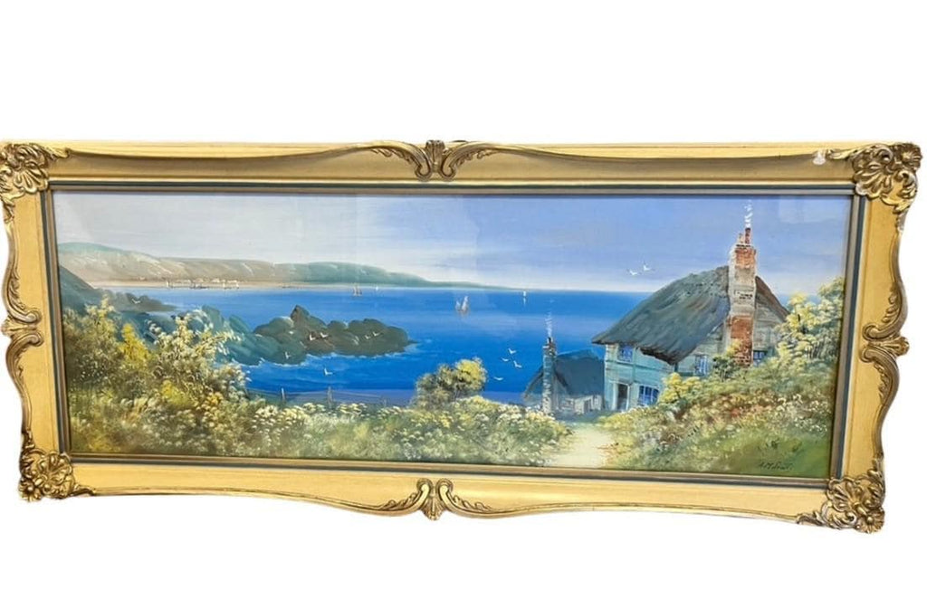 A M Scott Devonshire Coastal Oil Painting Framed Seascape Cottage Landscape 85cm