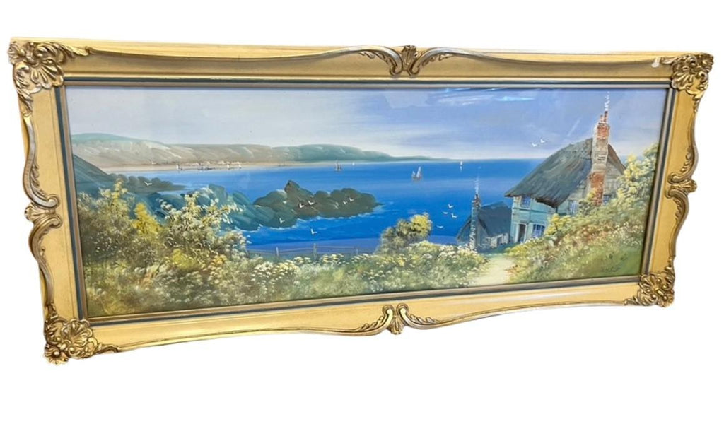 A M Scott Devonshire Coastal Oil Painting Framed Seascape Cottage Landscape 85cm
