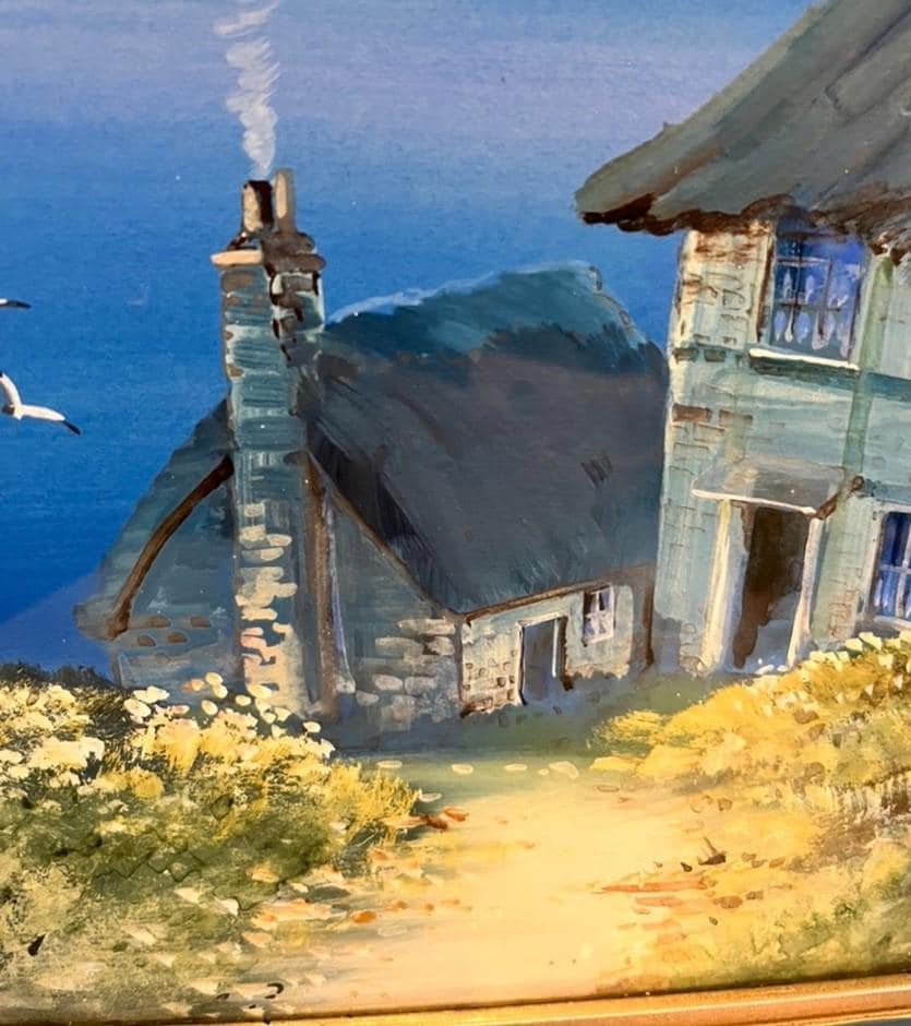 A M Scott Devonshire Coastal Oil Painting Framed Seascape Cottage Landscape 85cm