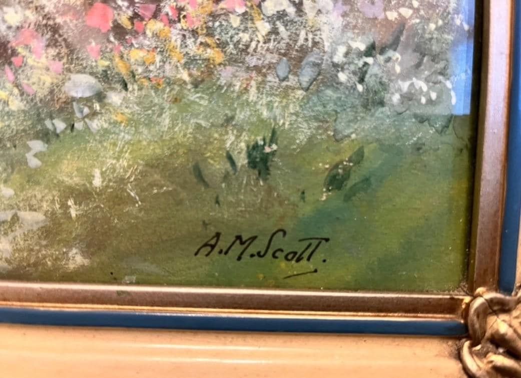 A M Scott Devonshire Coastal Oil Painting Framed Seascape Cottage Landscape 85cm