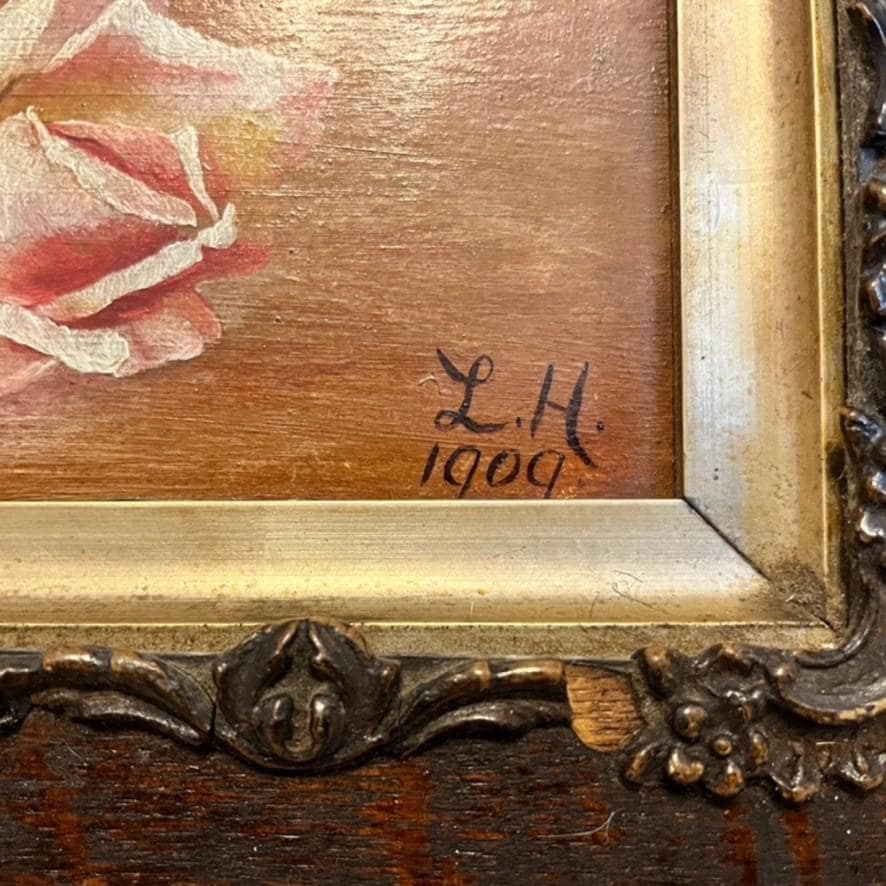 Antique 1909 Oil Painting Roses Floral Still Life Signed LH Framed Original Art