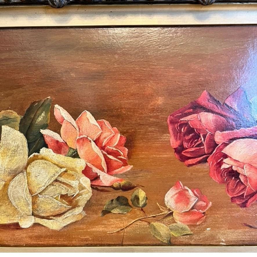 Antique 1909 Oil Painting Roses Floral Still Life Signed LH Framed Original Art