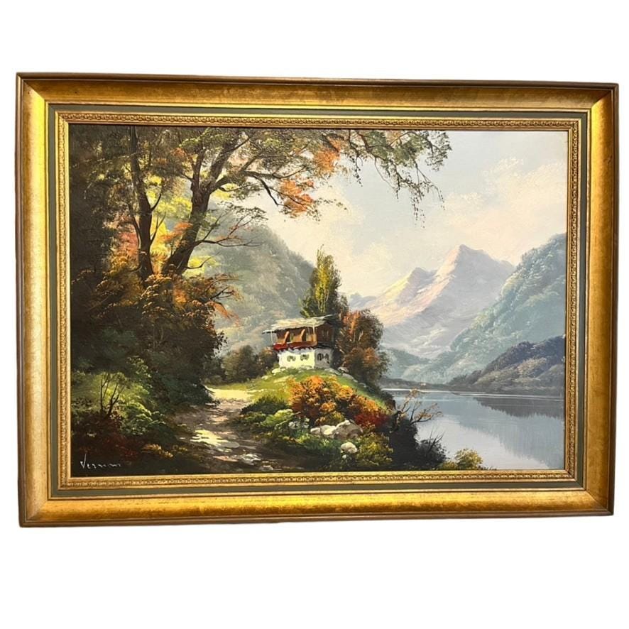 Vernon Signed Oil Painting Alpine Mountain Lake Landscape Chalet Framed Vintage