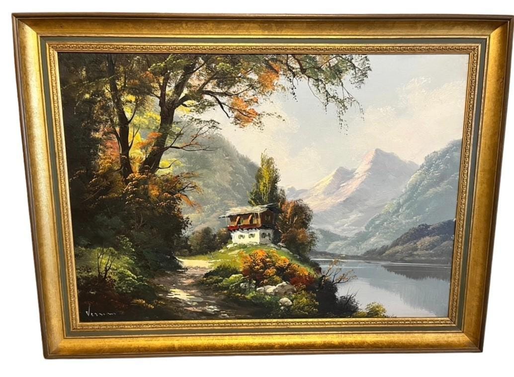 Vernon Signed Oil Painting Alpine Mountain Lake Landscape Chalet Framed Vintage