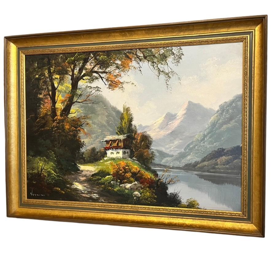 Vernon Signed Oil Painting Alpine Mountain Lake Landscape Chalet Framed Vintage