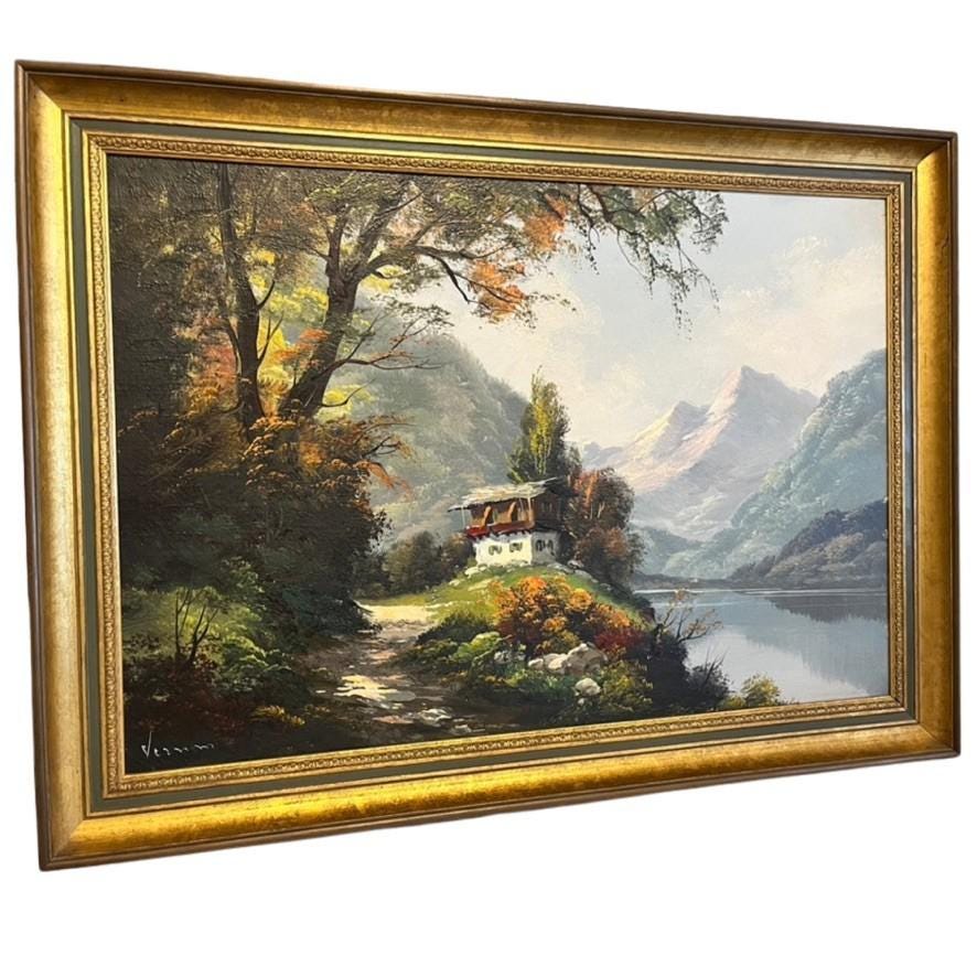 Vernon Signed Oil Painting Alpine Mountain Lake Landscape Chalet Framed Vintage