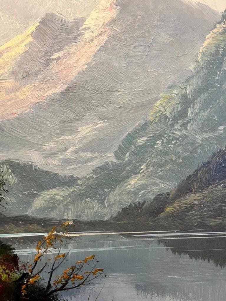 Vernon Signed Oil Painting Alpine Mountain Lake Landscape Chalet Framed Vintage