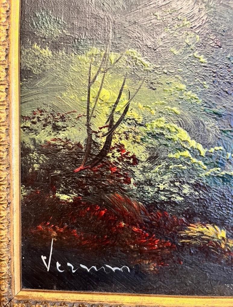 Vernon Signed Oil Painting Alpine Mountain Lake Landscape Chalet Framed Vintage
