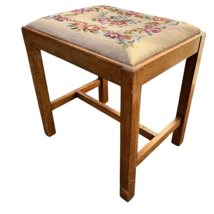 Vintage Oak Foot Stool Floral Needlepoint Upholstered Stool W S Andrews Bingley