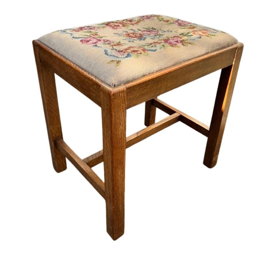 Vintage Oak Foot Stool Floral Needlepoint Upholstered Stool W S Andrews Bingley