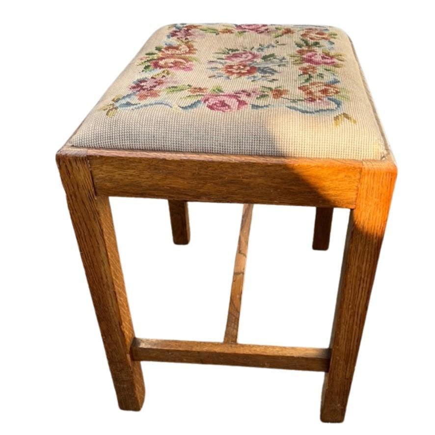 Vintage Oak Foot Stool Floral Needlepoint Upholstered Stool W S Andrews Bingley