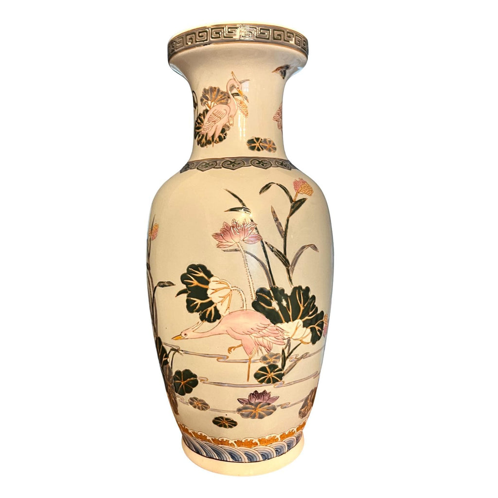 Large Oriental Style Ceramic Floor Vase 47cm Heron Crane Lotus Relief Decoration