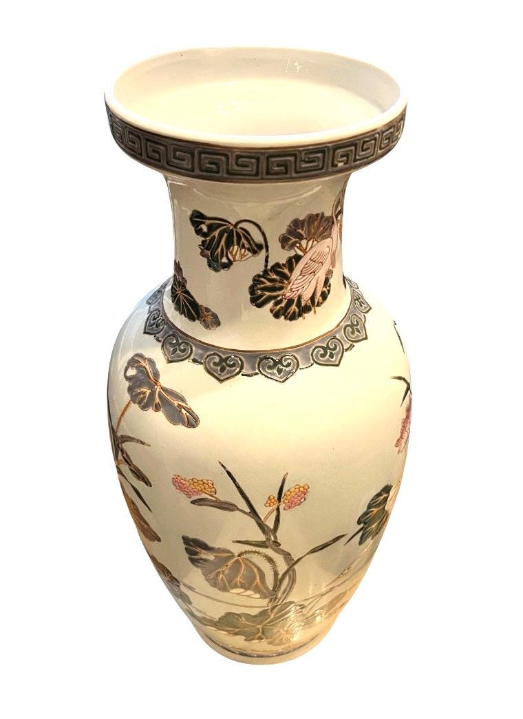 Large Oriental Style Ceramic Floor Vase 47cm Heron Crane Lotus Relief Decoration