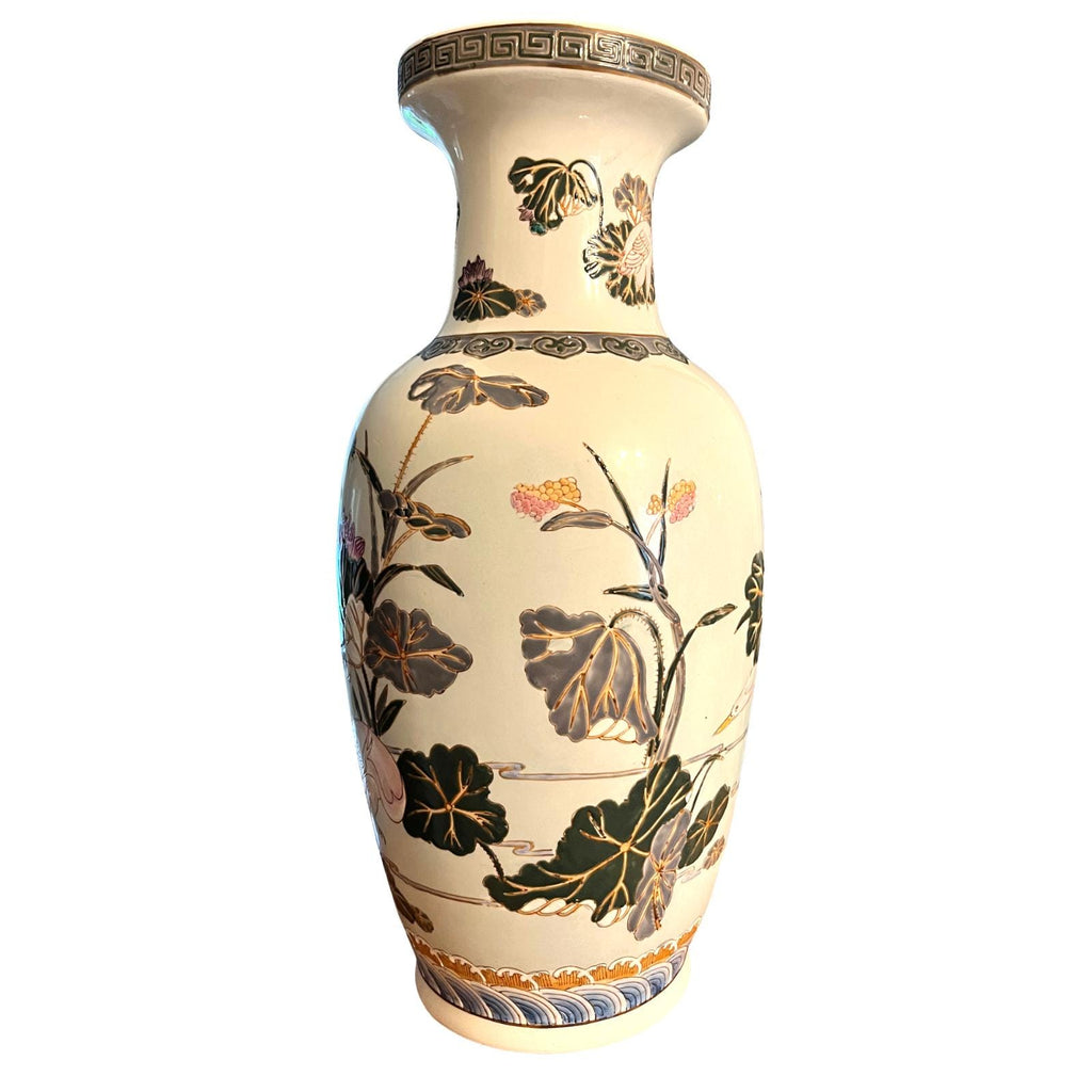 Large Oriental Style Ceramic Floor Vase 47cm Heron Crane Lotus Relief Decoration
