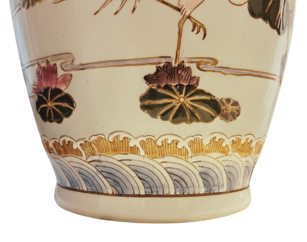 Large Oriental Style Ceramic Floor Vase 47cm Heron Crane Lotus Relief Decoration