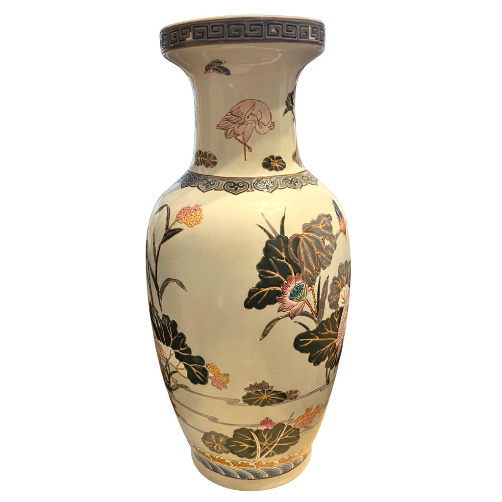 Large Oriental Style Ceramic Floor Vase 47cm Heron Crane Lotus Relief Decoration