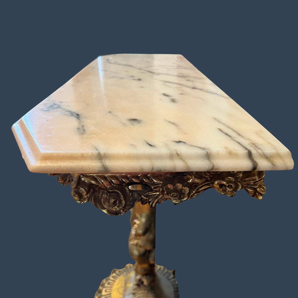 Vintage Italian Rococo Console Table Cherub Carved Wood Marble Top Made in Italy