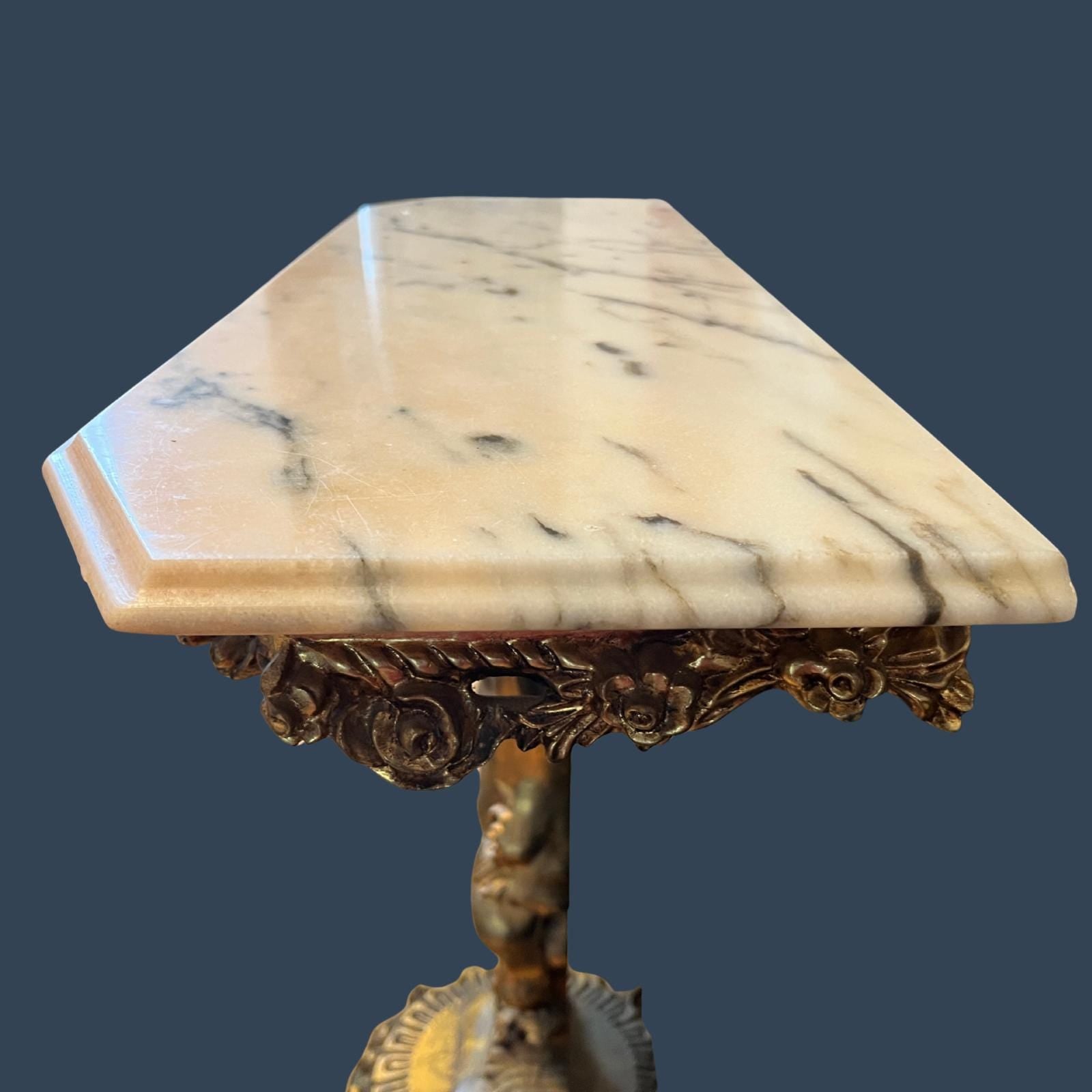 Vintage Italian Rococo Console Table Cherub Carved Wood Marble Top Made in Italy