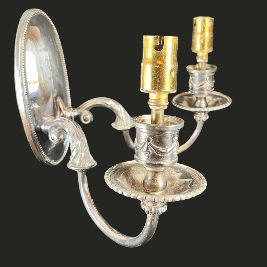 Set of 4 Antique Wall Sconce Lights Edwardian Style Silver Plate Twin Arm VGC