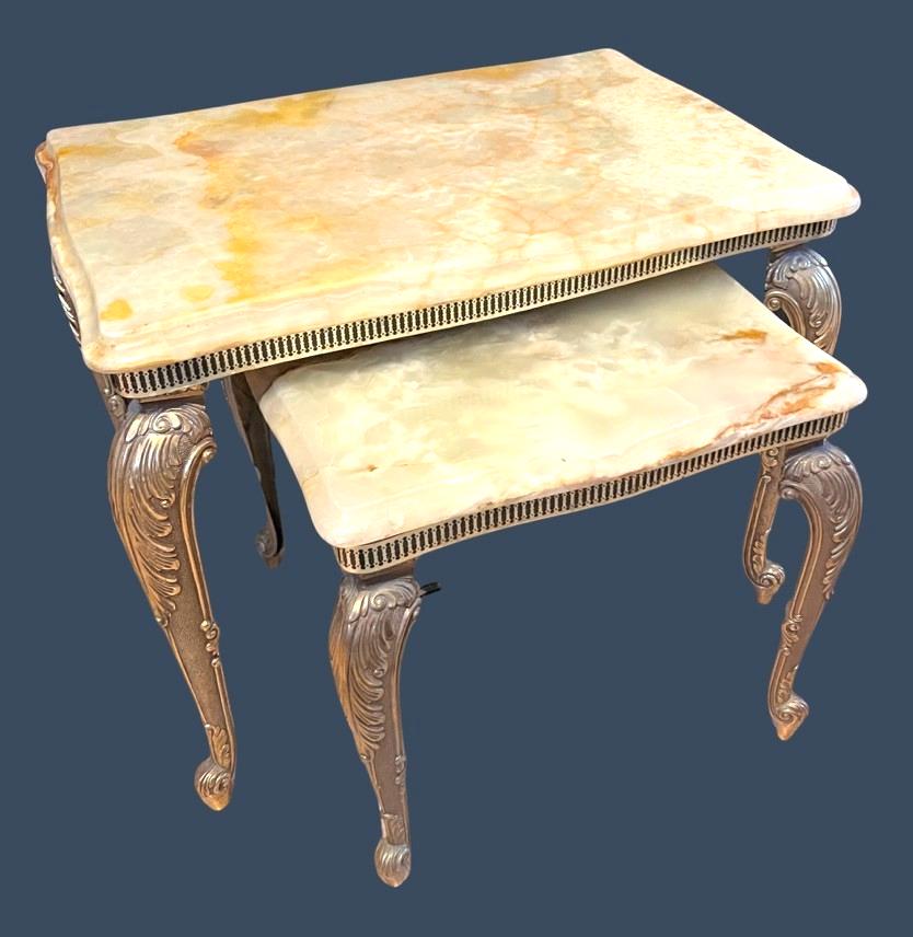 Vintage Italian Onyx Marble Nest Of 2 Tables Cast Metal Gilt Side Lamp Tables