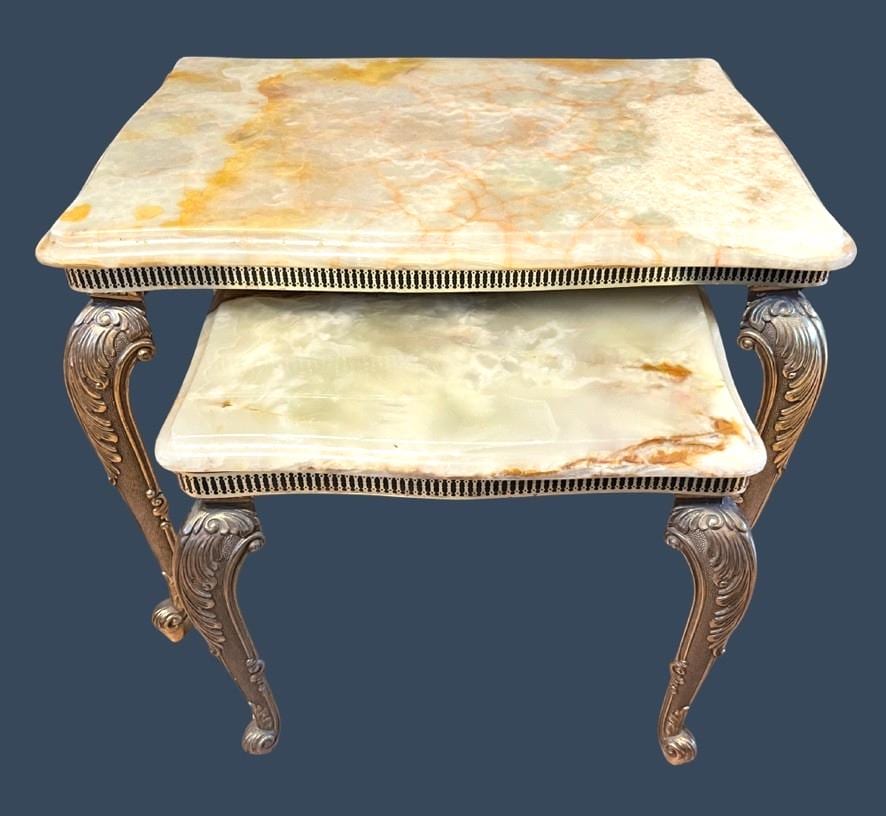 Vintage Italian Onyx Marble Nest Of 2 Tables Cast Metal Gilt Side Lamp Tables
