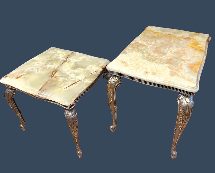 Vintage Italian Onyx Marble Nest Of 2 Tables Cast Metal Gilt Side Lamp Tables