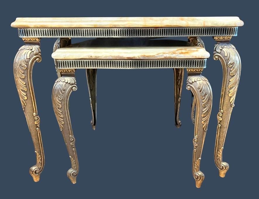 Vintage Italian Onyx Marble Nest Of 2 Tables Cast Metal Gilt Side Lamp Tables